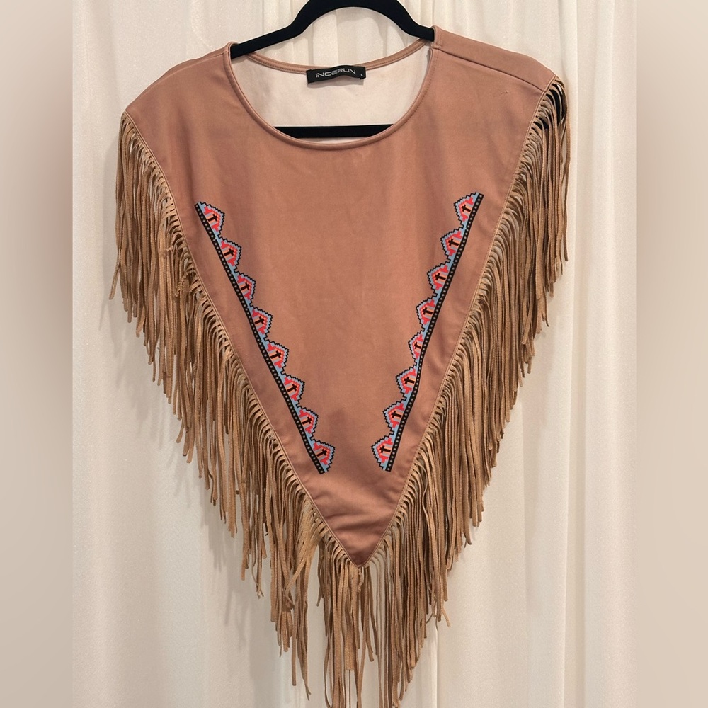 Fringed Tan Poncho with Embroidered Accents